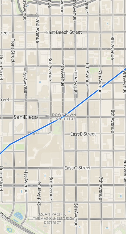 Map style preview, Clean Daylight: a downtown street grid in light greys and soft greens with a blue route line.
