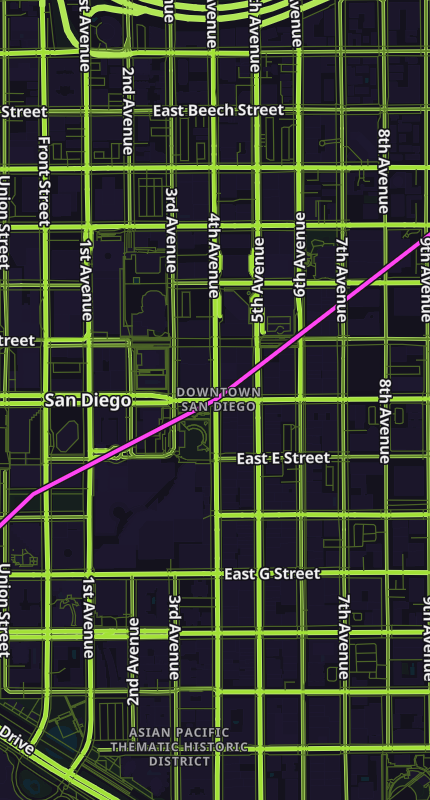 Map style preview, Neon Night: the same downtown street grid in near-black with bright green roads and a magenta route line.
